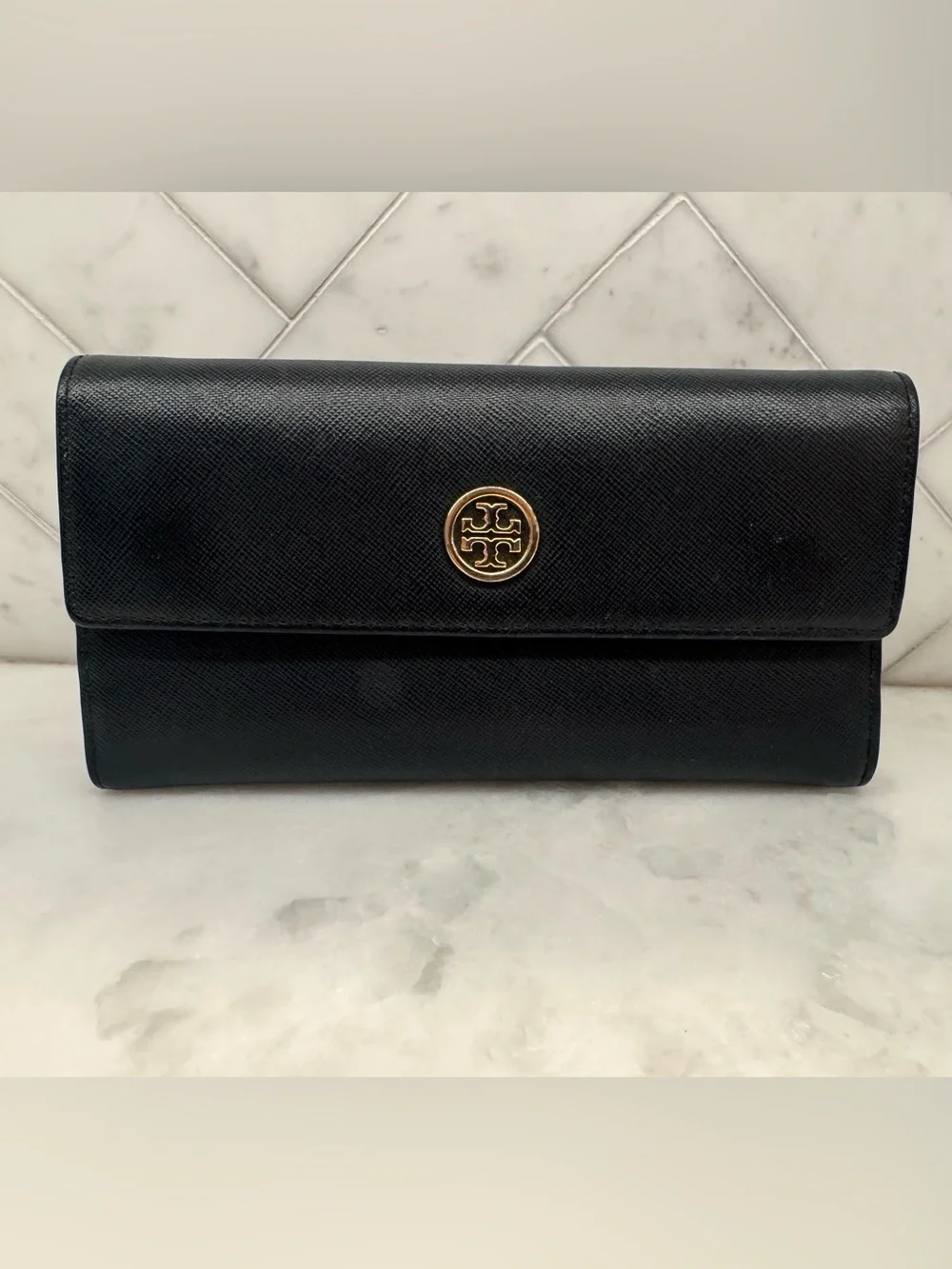 Tory Burch Black Leather Logo Flap Wallet with Gold Emblem
